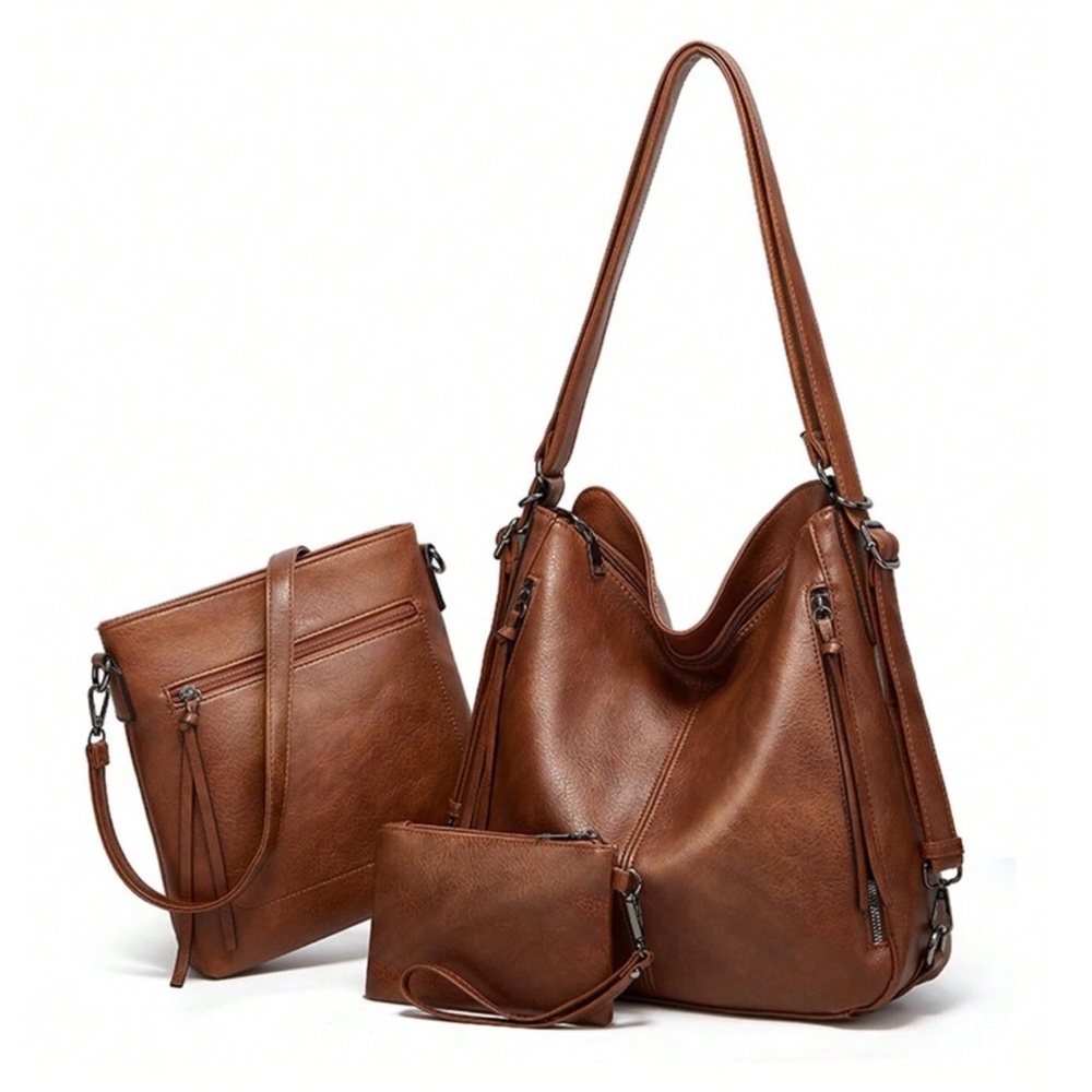 Luxe Vegan Leather Shoulder Crossbody Wristlet Bag Set